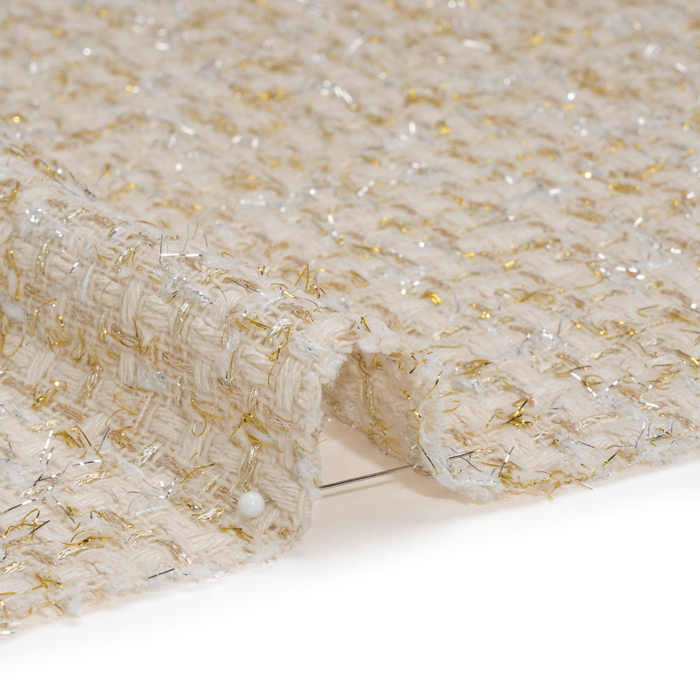 Wool Blend Tweed with Silver and Gold Eyelash Fringe - Cream Checks - Deadstock - Detail