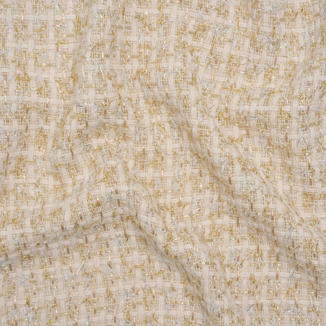 Wool Blend Tweed with Silver and Gold Eyelash Fringe - Cream Checks - Deadstock