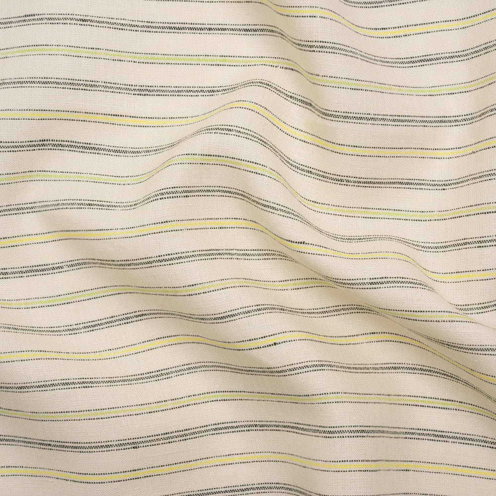 Medium Weight Linen Woven - Cream, Green and Yellow Ticking Stripes