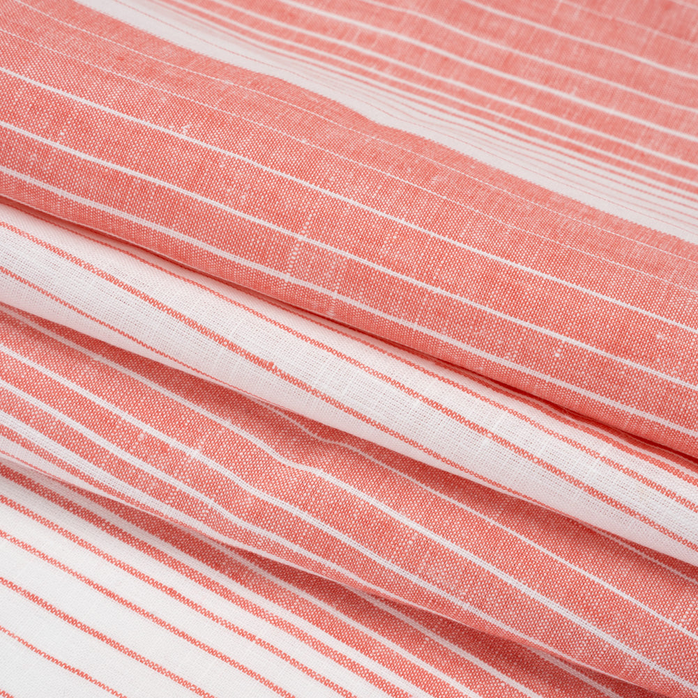 Medium Weight Linen Woven - Coral Pink and White Gradient Stripes Folded