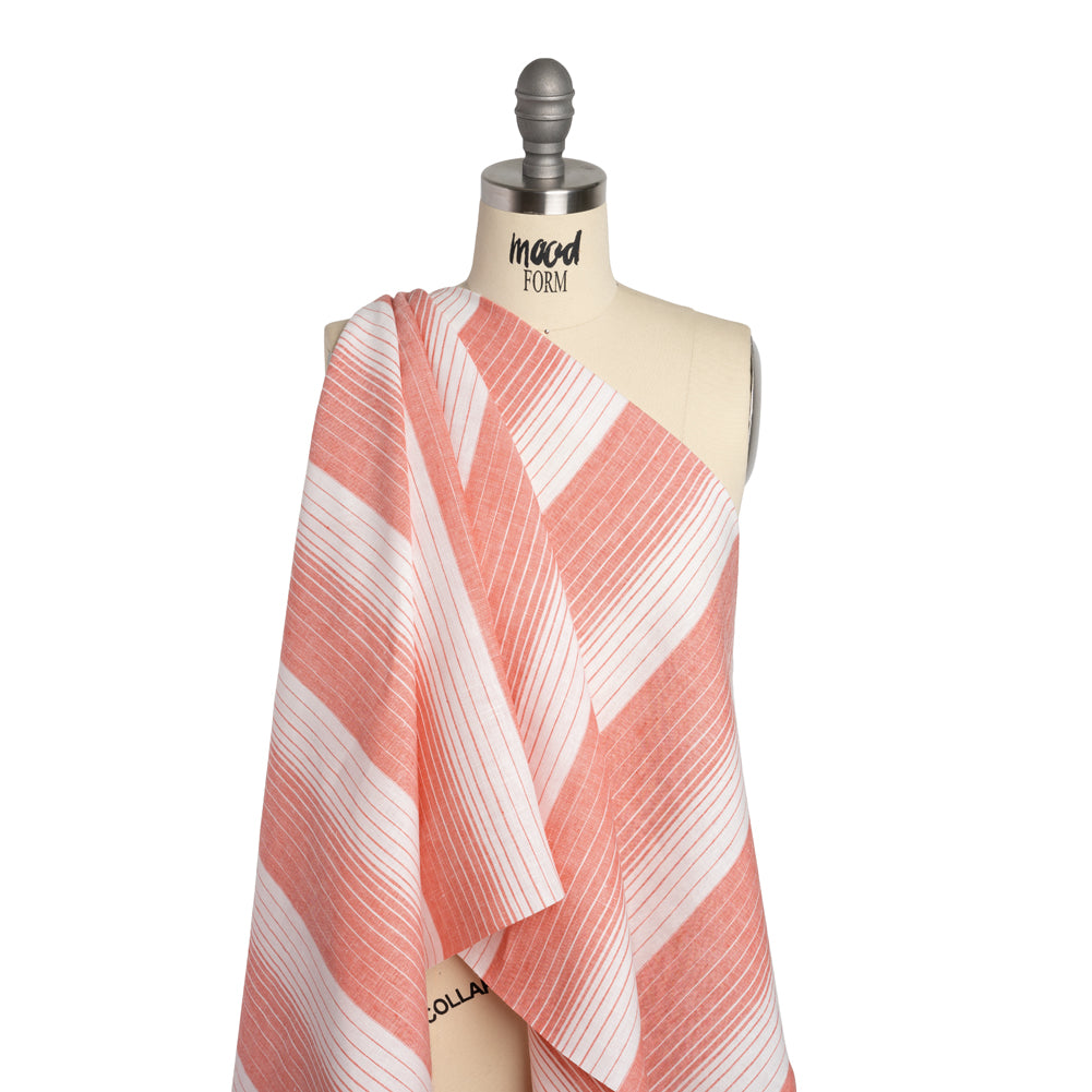 Medium Weight Linen Woven - Coral Pink and White Gradient Stripes Drape