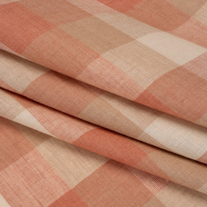 Medium Weight Linen Woven - Coral Pink, Beige and Cream Checkers Folded