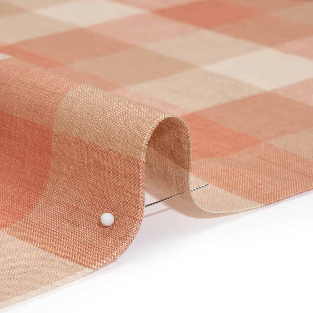 Medium Weight Linen Woven - Coral Pink, Beige and Cream Checkers Detail