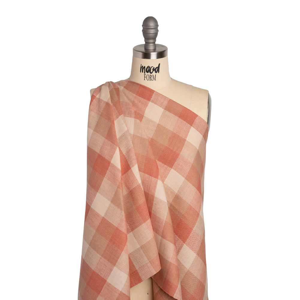 Medium Weight Linen Woven - Coral Pink, Beige and Cream Checkers Drape