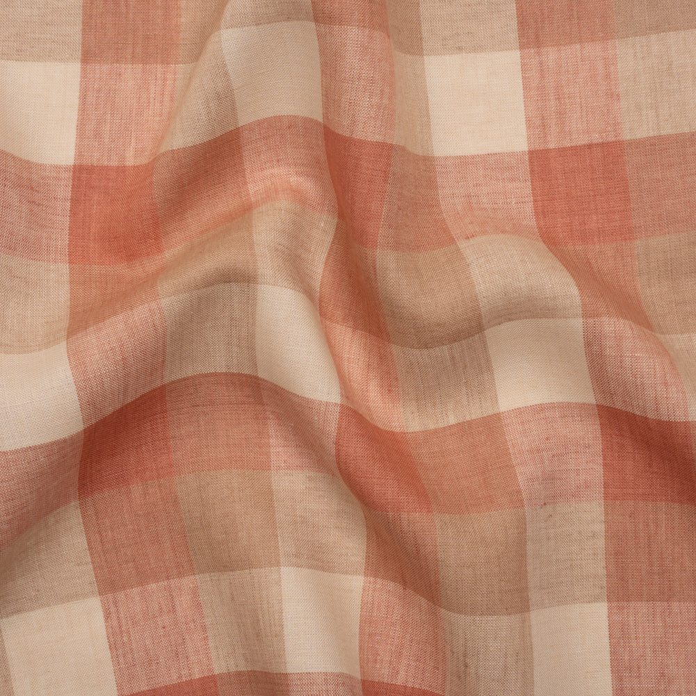 Medium Weight Linen Woven - Coral Pink, Beige and Cream Checkers