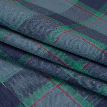 Medium Weight Linen Woven - Blue, Green and Red Plaid Folded