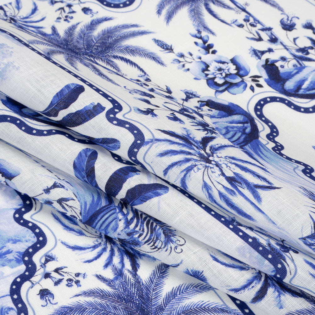 Lightweight Linen Woven - Blue and White Palms in Paradise Folded