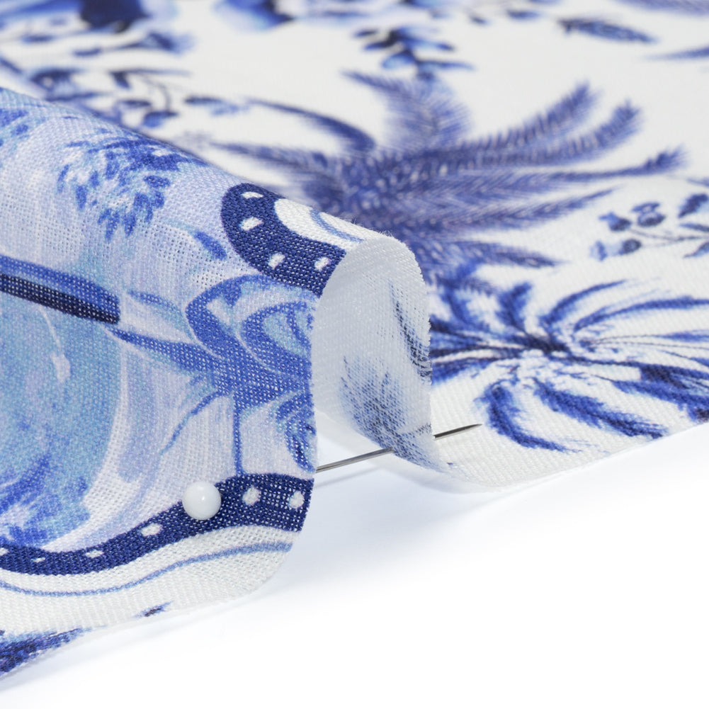 Lightweight Linen Woven - Blue and White Palms in Paradise Detail