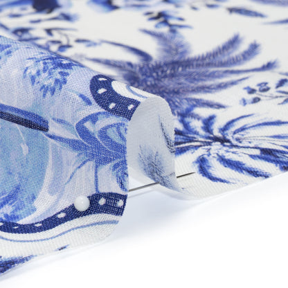 Lightweight Linen Woven - Blue and White Palms in Paradise Detail