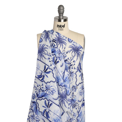 Lightweight Linen Woven - Blue and White Palms in Paradise Drape