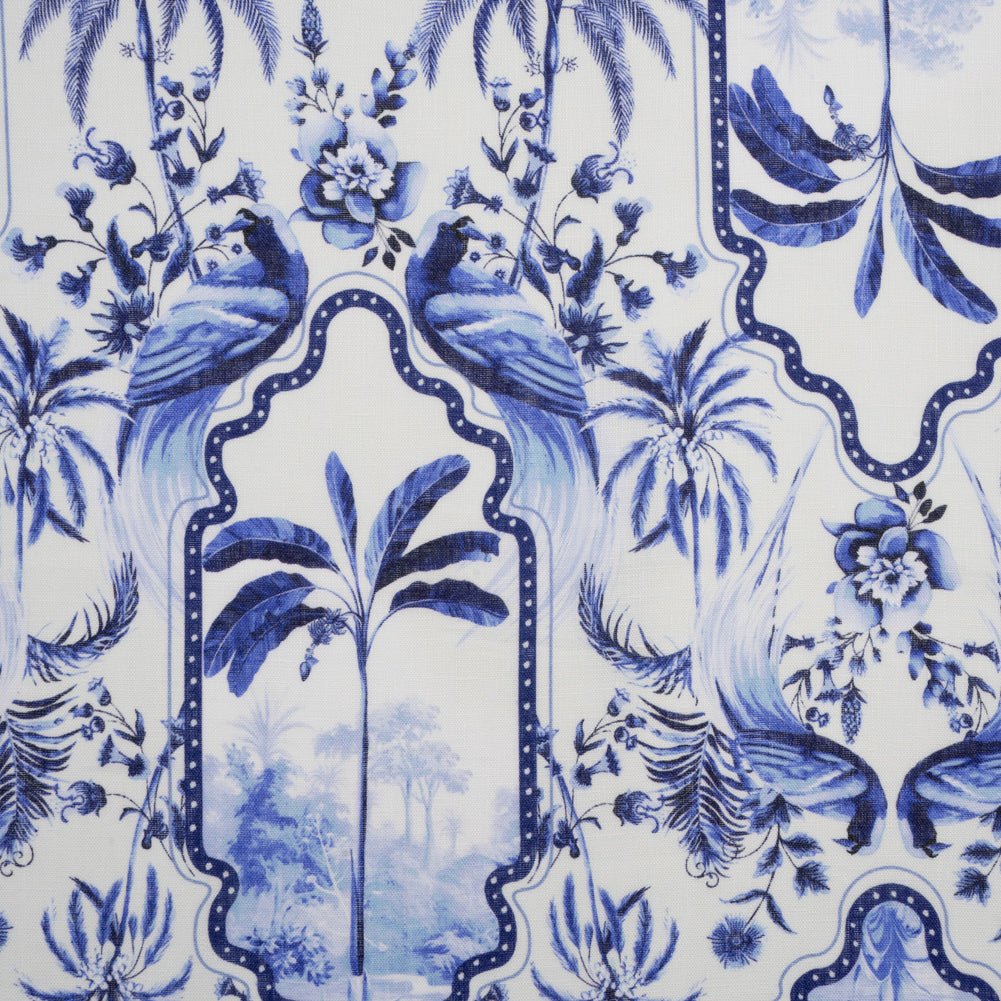 Lightweight Linen Woven - Blue and White Palms in Paradise