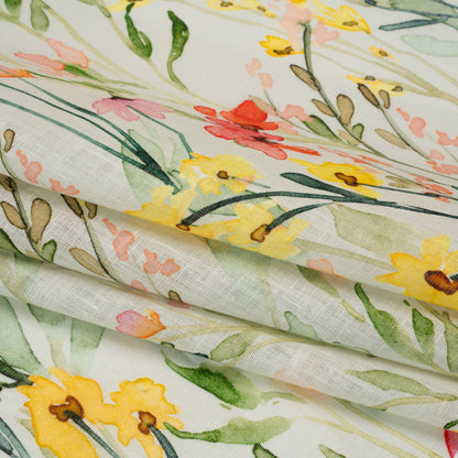 Lightweight Linen Woven - Yellow, Red and Green Watercolor Floral Trails on Ivory Folded
