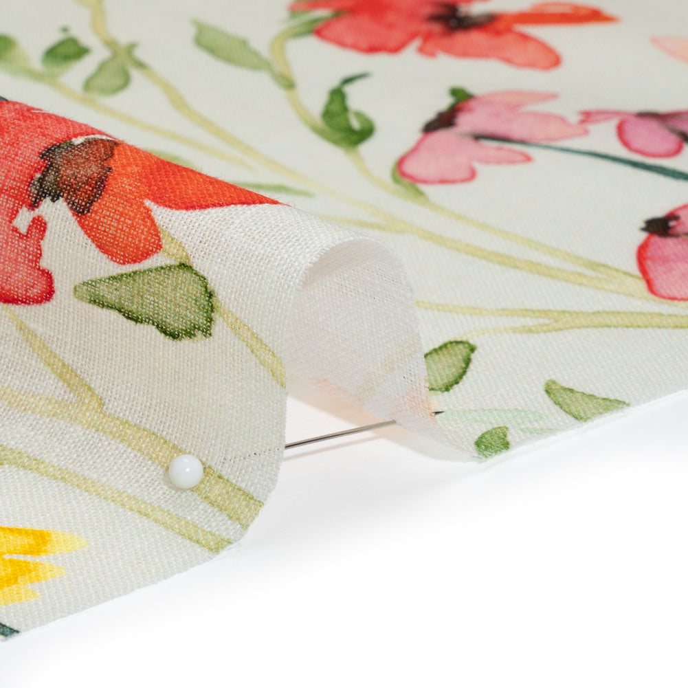 Lightweight Linen Woven - Yellow, Red and Green Watercolor Floral Trails on Ivory Detail