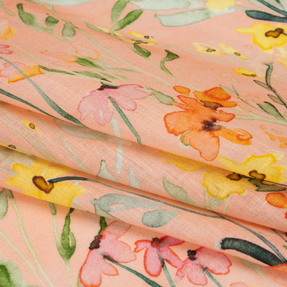 Lightweight Linen Woven - Yellow, Red and Green Watercolor Floral Trails on Blush Pink Folded