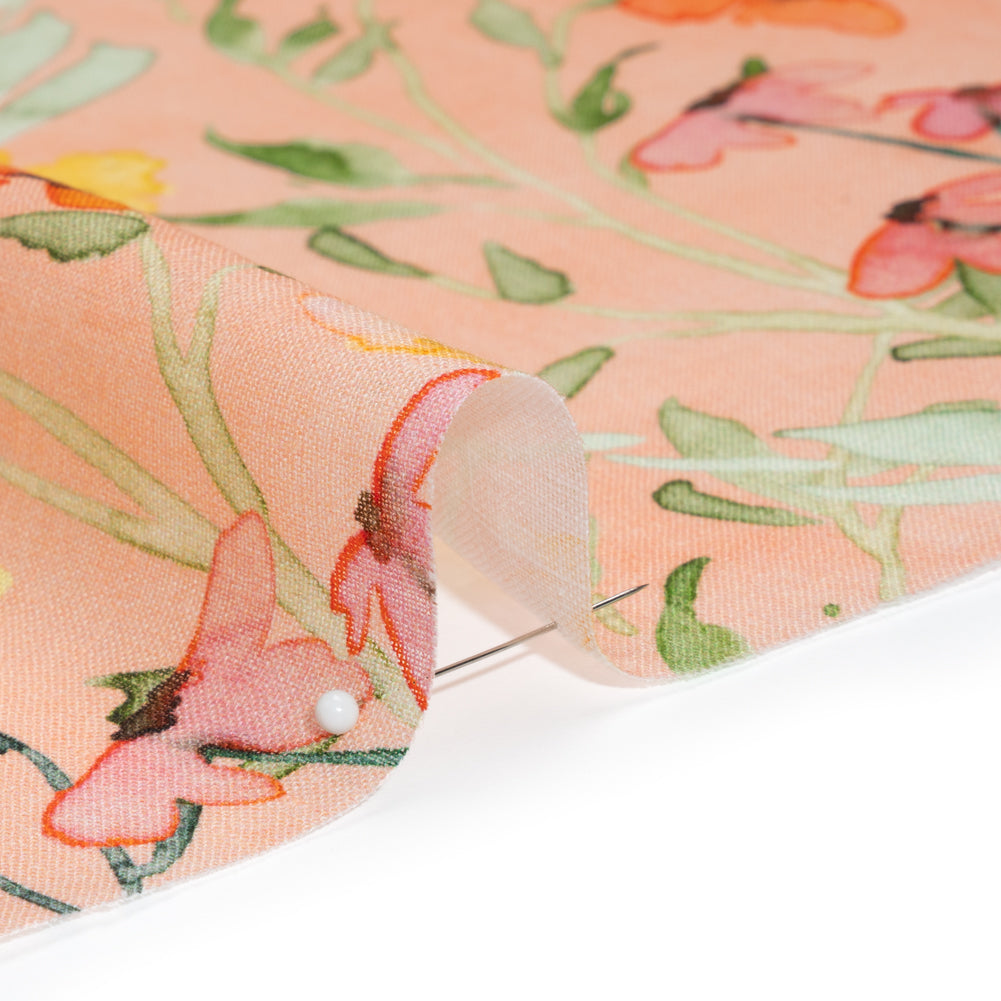 Lightweight Linen Woven - Yellow, Red and Green Watercolor Floral Trails on Blush Pink Detail