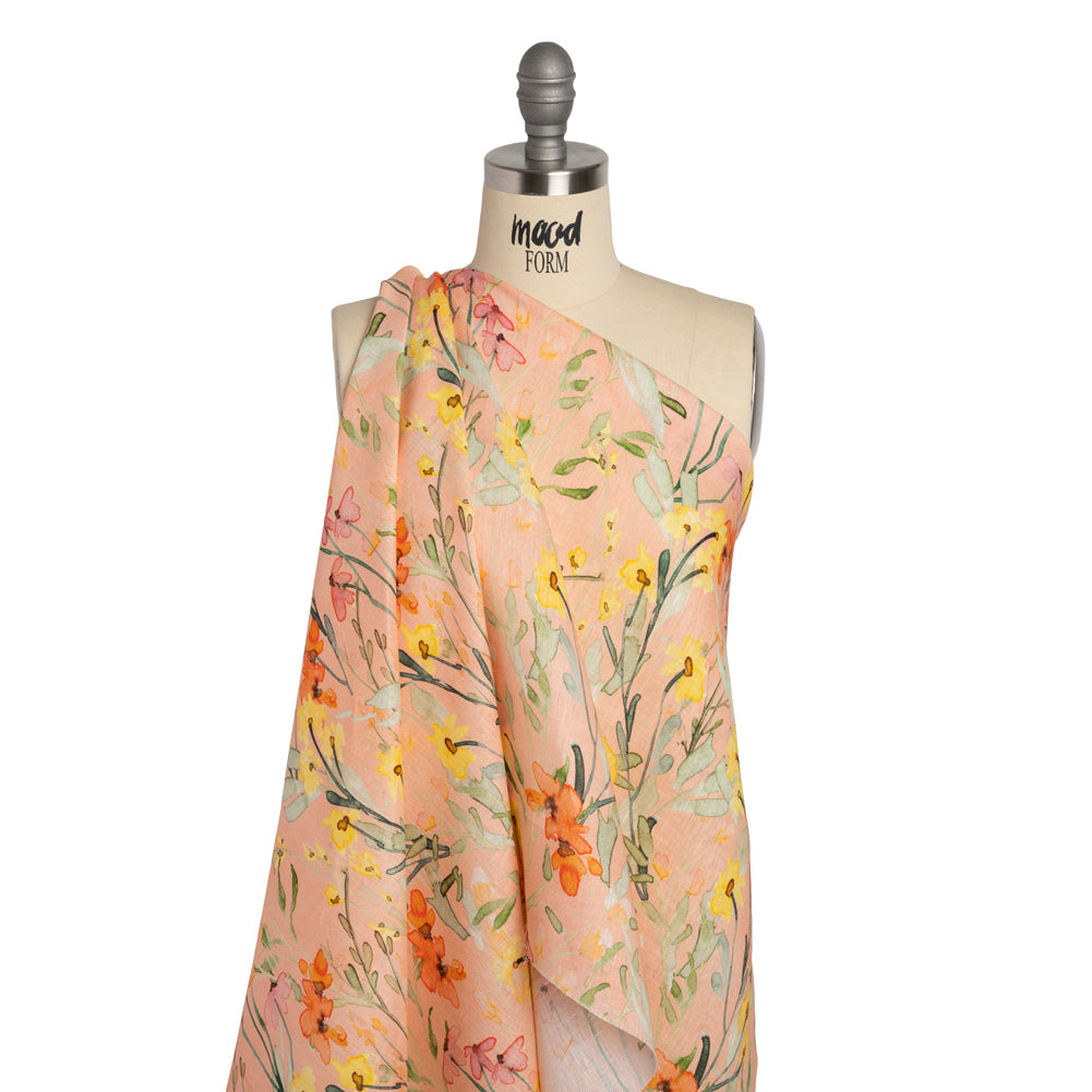 Lightweight Linen Woven - Yellow, Red and Green Watercolor Floral Trails on Blush Pink Drape