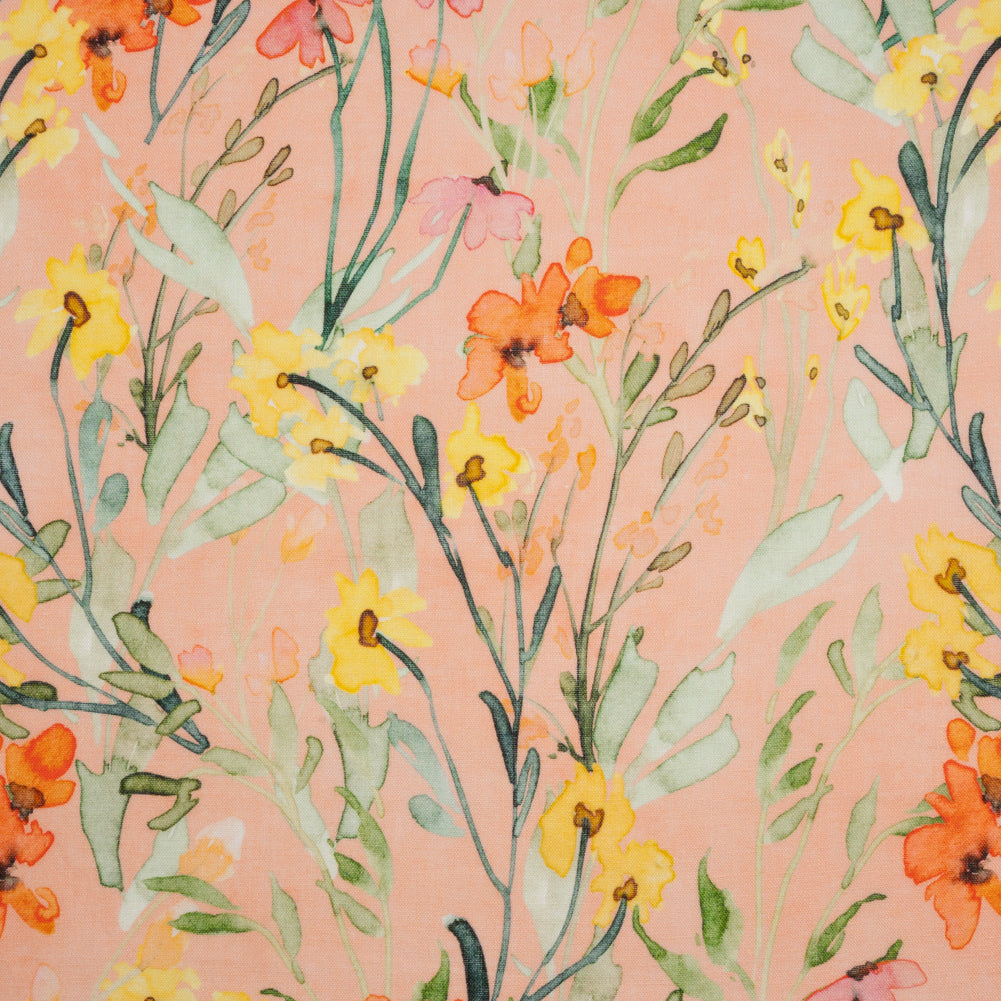 Lightweight Linen Woven - Yellow, Red and Green Watercolor Floral Trails on Blush Pink