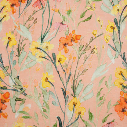 Lightweight Linen Woven - Yellow, Red and Green Watercolor Floral Trails on Blush Pink
