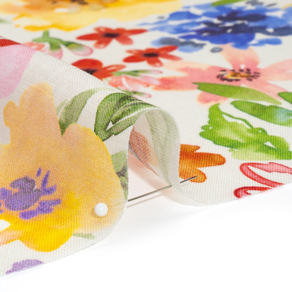 Lightweight Linen Woven - Purple, Yellow and Green Petal Drift Florals on White Detail