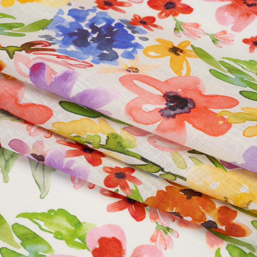 Lightweight Linen Woven - Purple, Yellow and Green Petal Drift Florals on White Full
