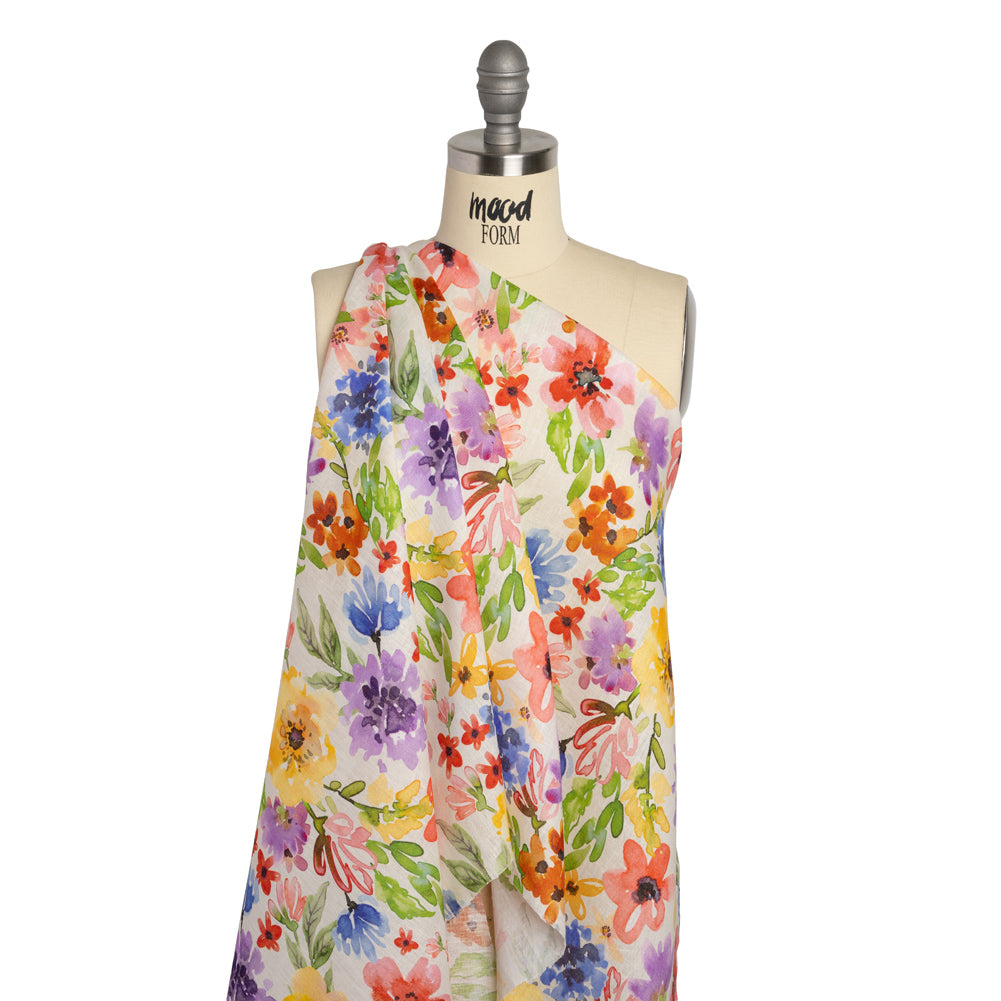 Lightweight Linen Woven - Purple, Yellow and Green Petal Drift Florals on White Drape