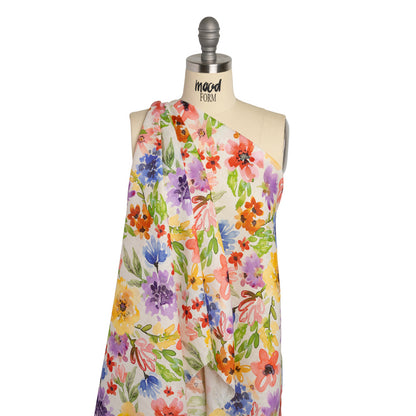 Lightweight Linen Woven - Purple, Yellow and Green Petal Drift Florals on White Drape