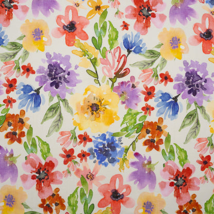 Lightweight Linen Woven - Purple, Yellow and Green Petal Drift Florals on White