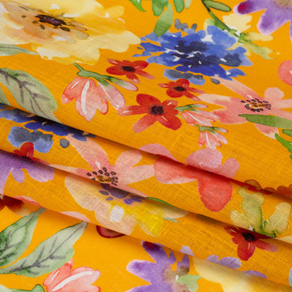 Lightweight Linen Woven - Purple, Yellow and Green Petal Drift Florals on Saffron Yellow Folded