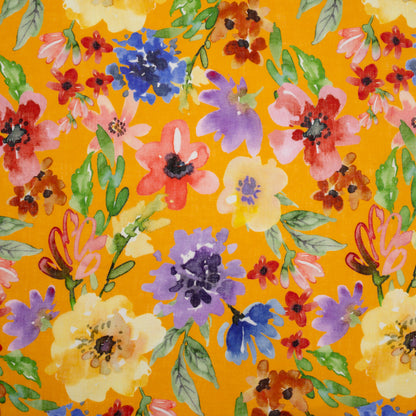 Lightweight Linen Woven - Purple, Yellow and Green Petal Drift Florals on Saffron Yellow