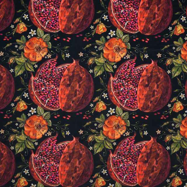 Polyester Microvelvet - Red, Green and Black Pomegranates and Flowers