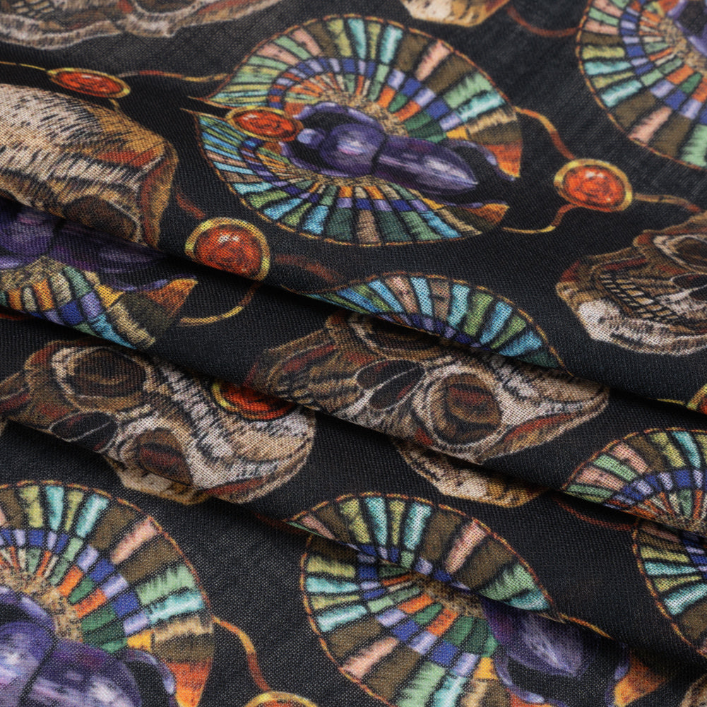 Medium Weight Linen and Cotton Woven - Black, Green and Red Scarab Beetles and Skulls - Folded