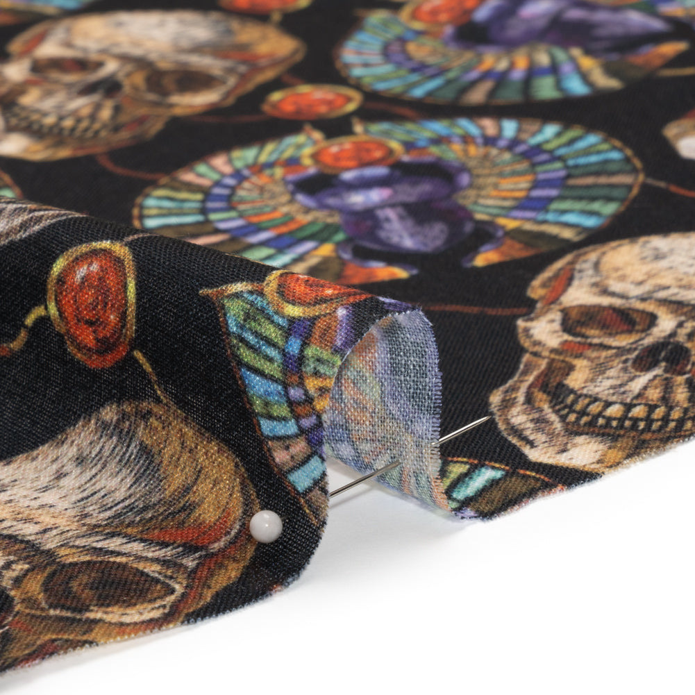 Medium Weight Linen and Cotton Woven - Black, Green and Red Scarab Beetles and Skulls - Detail