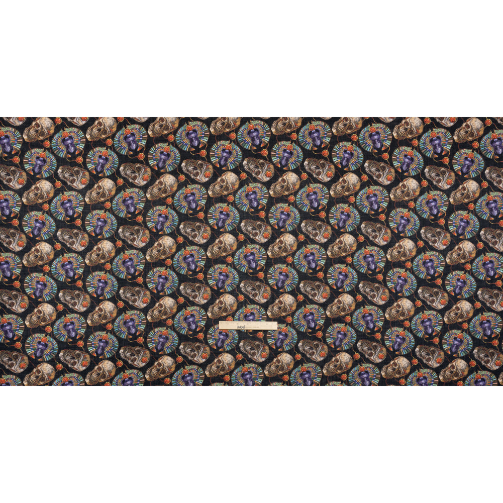 Medium Weight Linen and Cotton Woven - Black, Green and Red Scarab Beetles and Skulls - Full