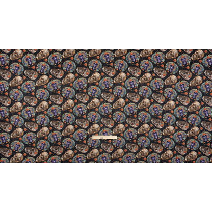 Medium Weight Linen and Cotton Woven - Black, Green and Red Scarab Beetles and Skulls