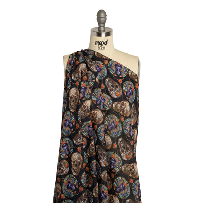 Medium Weight Linen and Cotton Woven - Black, Green and Red Scarab Beetles and Skulls