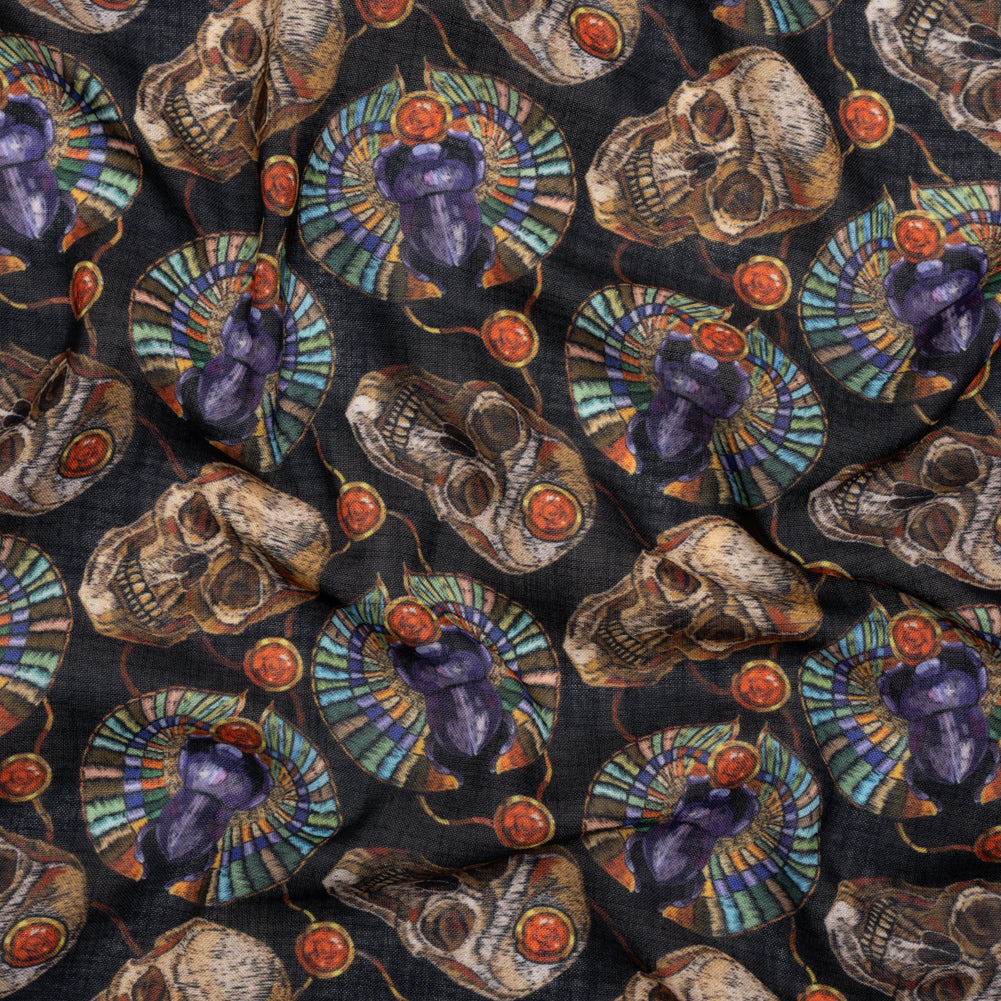 Medium Weight Linen and Cotton Woven - Black, Green and Red Scarab Beetles and Skulls