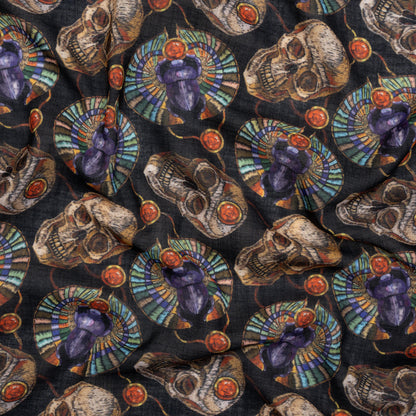 Medium Weight Linen and Cotton Woven - Black, Green and Red Scarab Beetles and Skulls