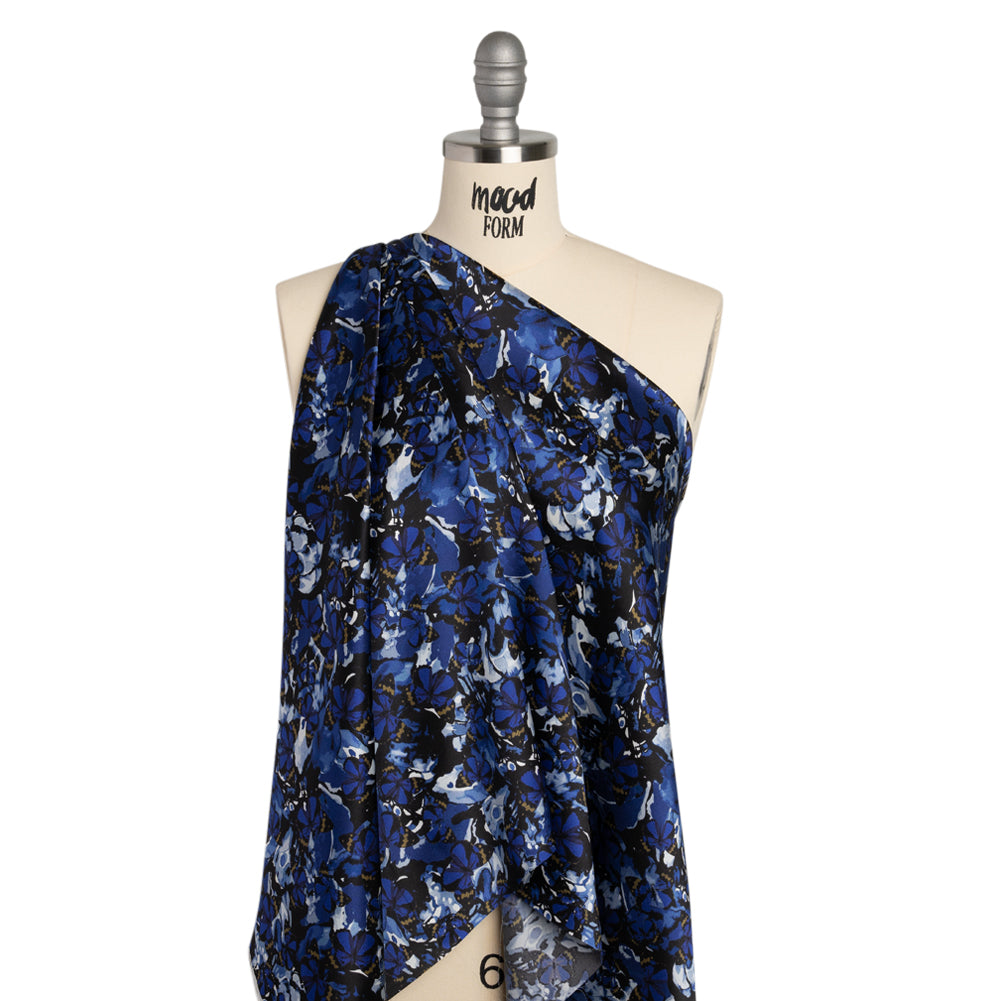 Silk Charmeuse 19mm - Navy Blue, Black and Gold Little Butterflies and Flowers - Drape