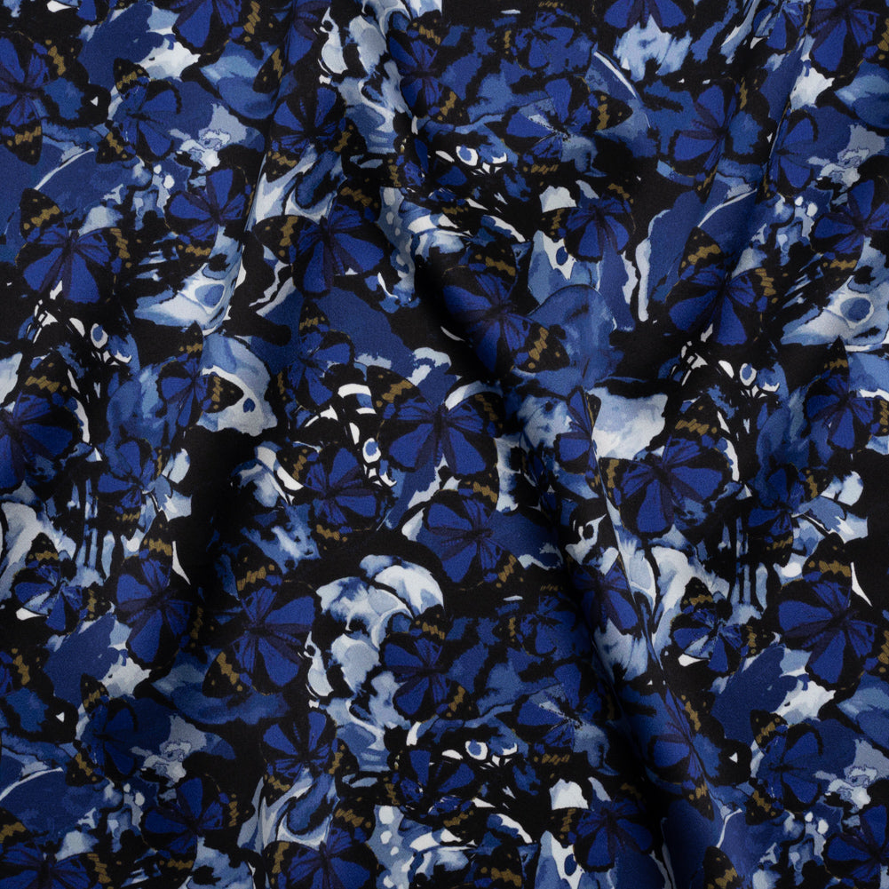 Silk Charmeuse 19mm - Navy Blue, Black and Gold Little Butterflies and Flowers