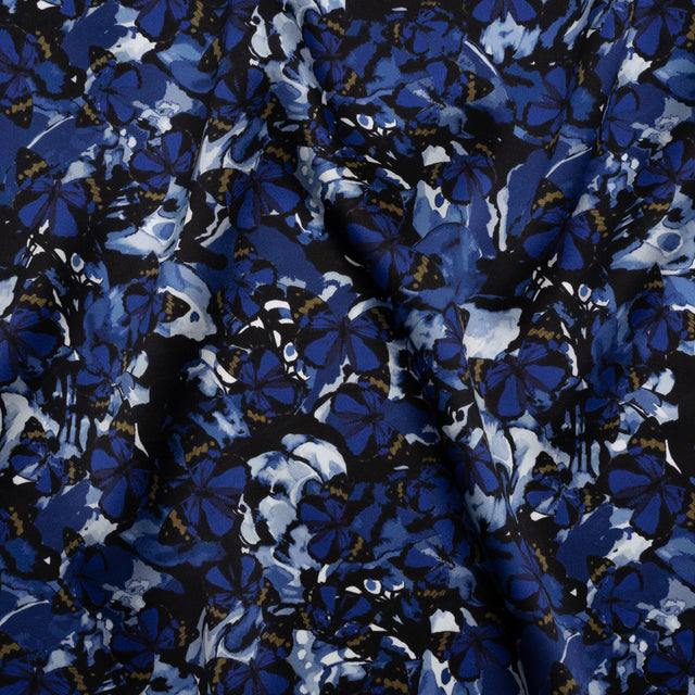 Silk Charmeuse 19mm - Navy Blue, Black and Gold Little Butterflies and Flowers