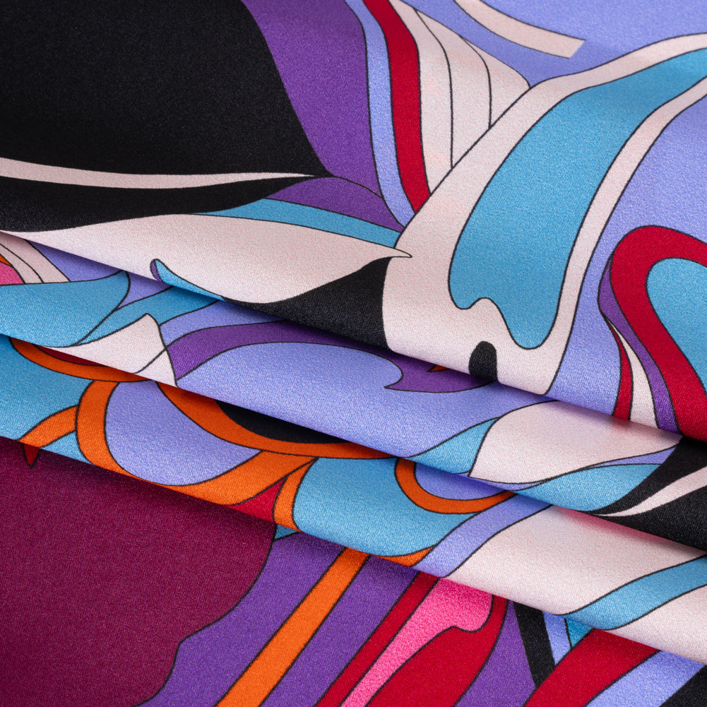 Silk Charmeuse Print - Periwinkle, Orange and Fuchsia Retro Floral Swirl - Made in Italy - Folded