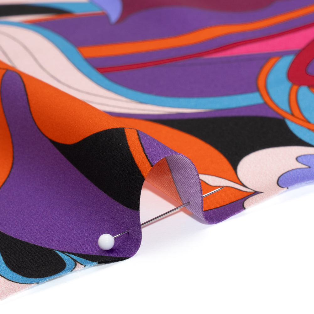 Silk Charmeuse Print - Periwinkle, Orange and Fuchsia Retro Floral Swirl - Made in Italy - Detail