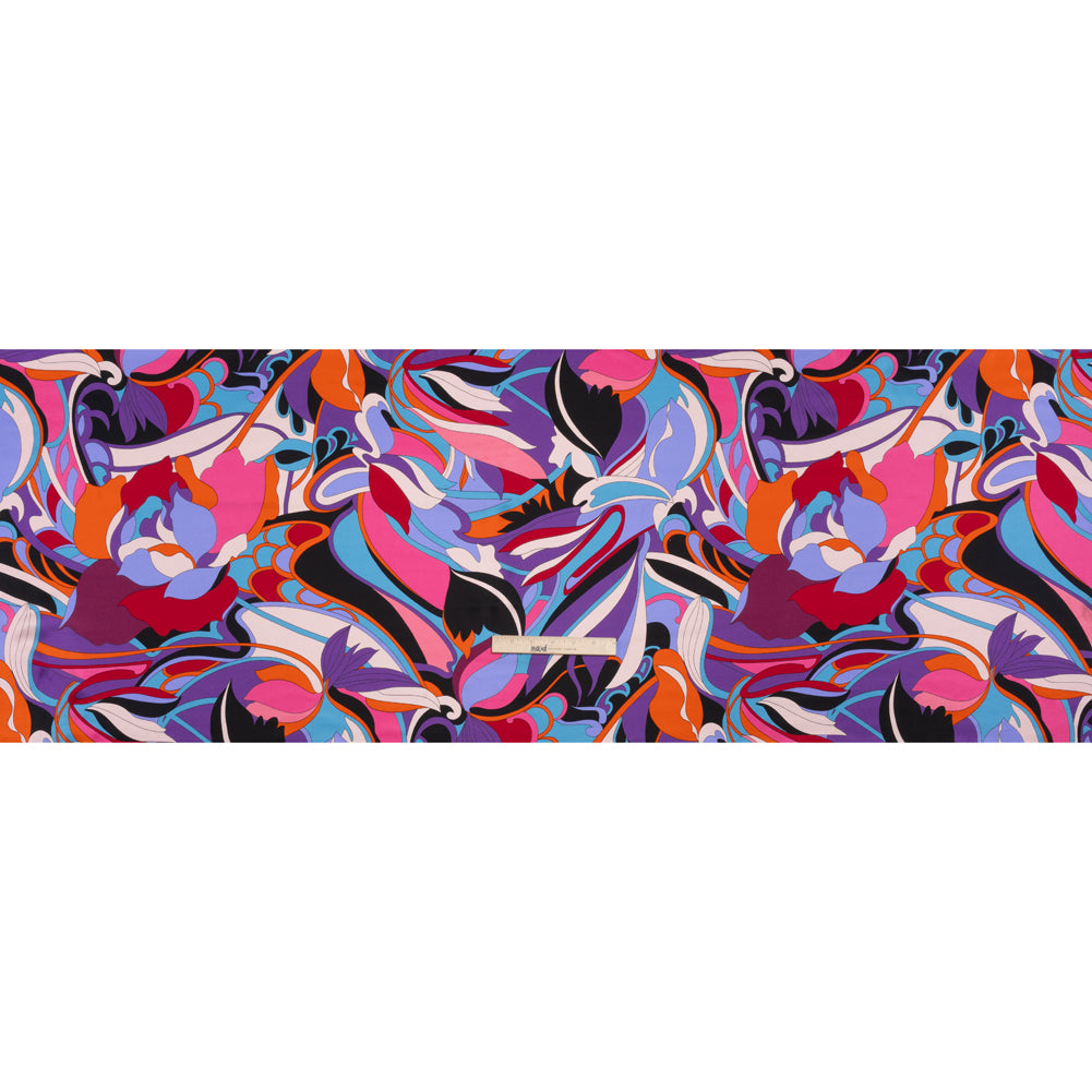 Silk Charmeuse Print - Periwinkle, Orange and Fuchsia Retro Floral Swirl - Made in Italy - Full