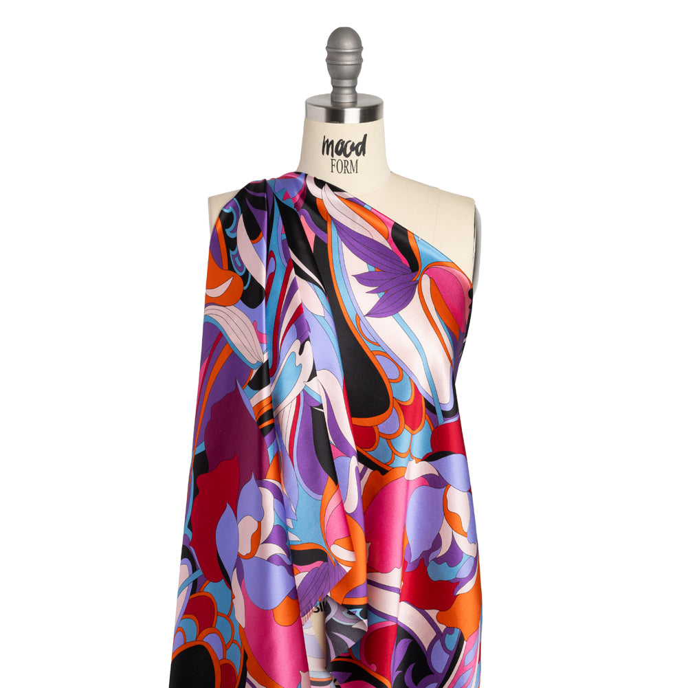 Silk Charmeuse Print - Periwinkle, Orange and Fuchsia Retro Floral Swirl - Made in Italy - Drape