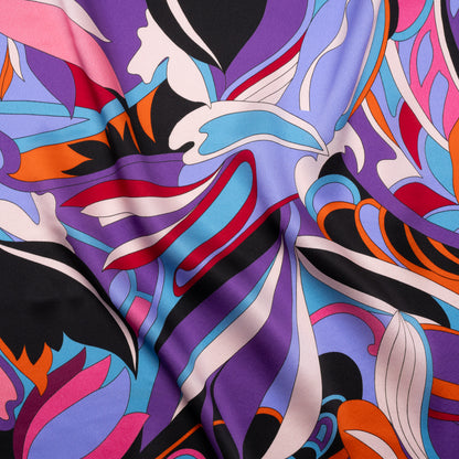 Silk Charmeuse Print - Periwinkle, Orange and Fuchsia Retro Floral Swirl - Made in Italy