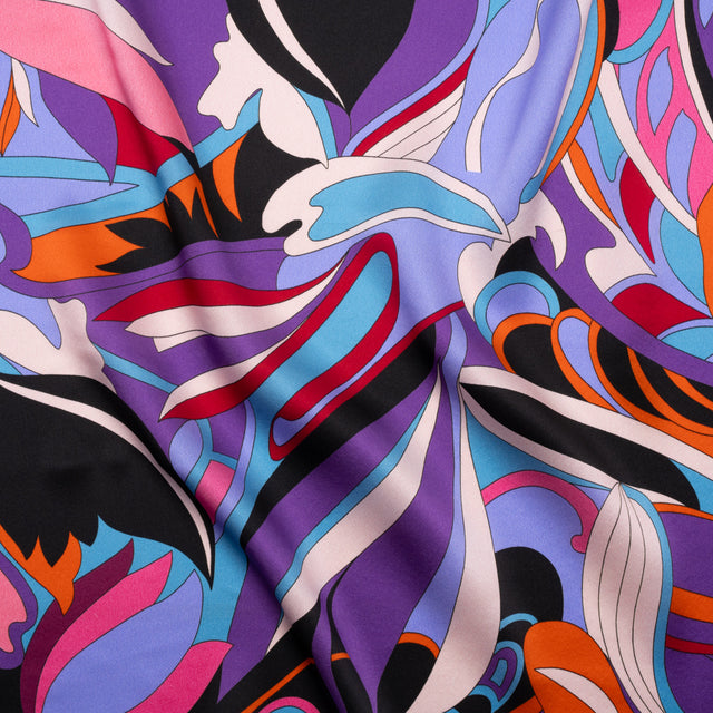 Silk Charmeuse Print - Periwinkle, Orange and Fuchsia Retro Floral Swirl - Made in Italy