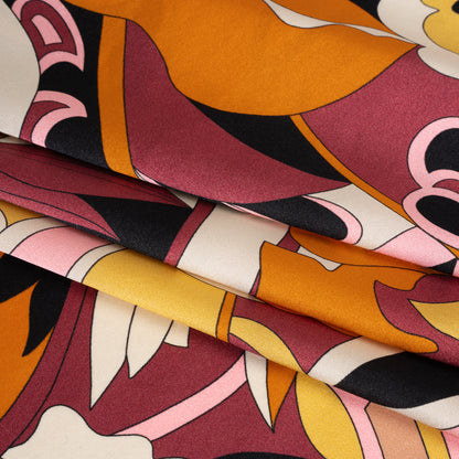 Silk Charmeuse Print - Russet Brown, Orange and Peach Retro Floral Swirl - Made in Italy