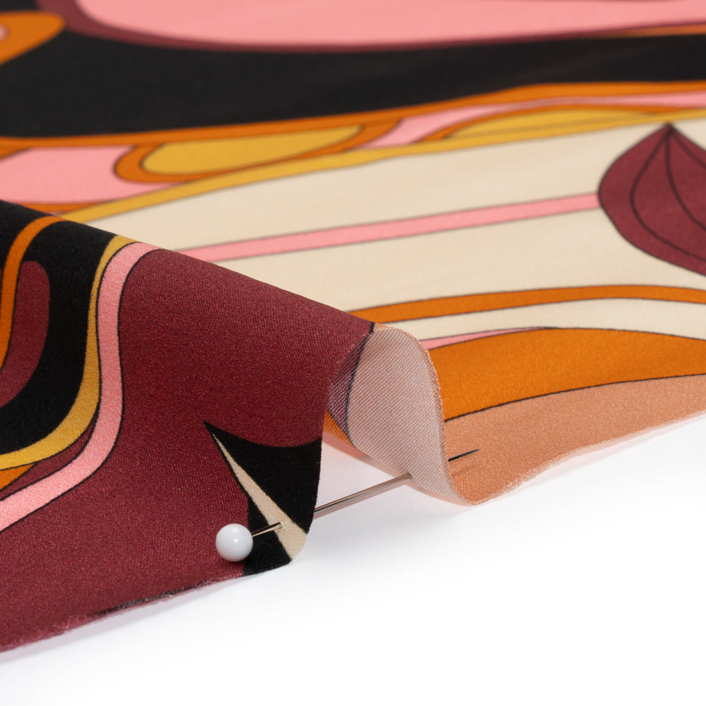 Silk Charmeuse Print - Russet Brown, Orange and Peach Retro Floral Swirl - Made in Italy - Detail