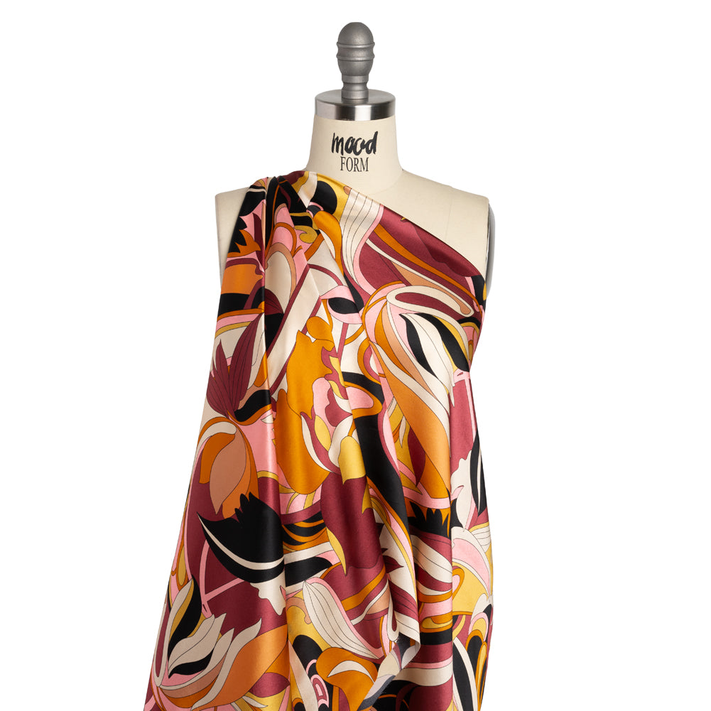 Silk Charmeuse Print - Russet Brown, Orange and Peach Retro Floral Swirl - Made in Italy - Drape