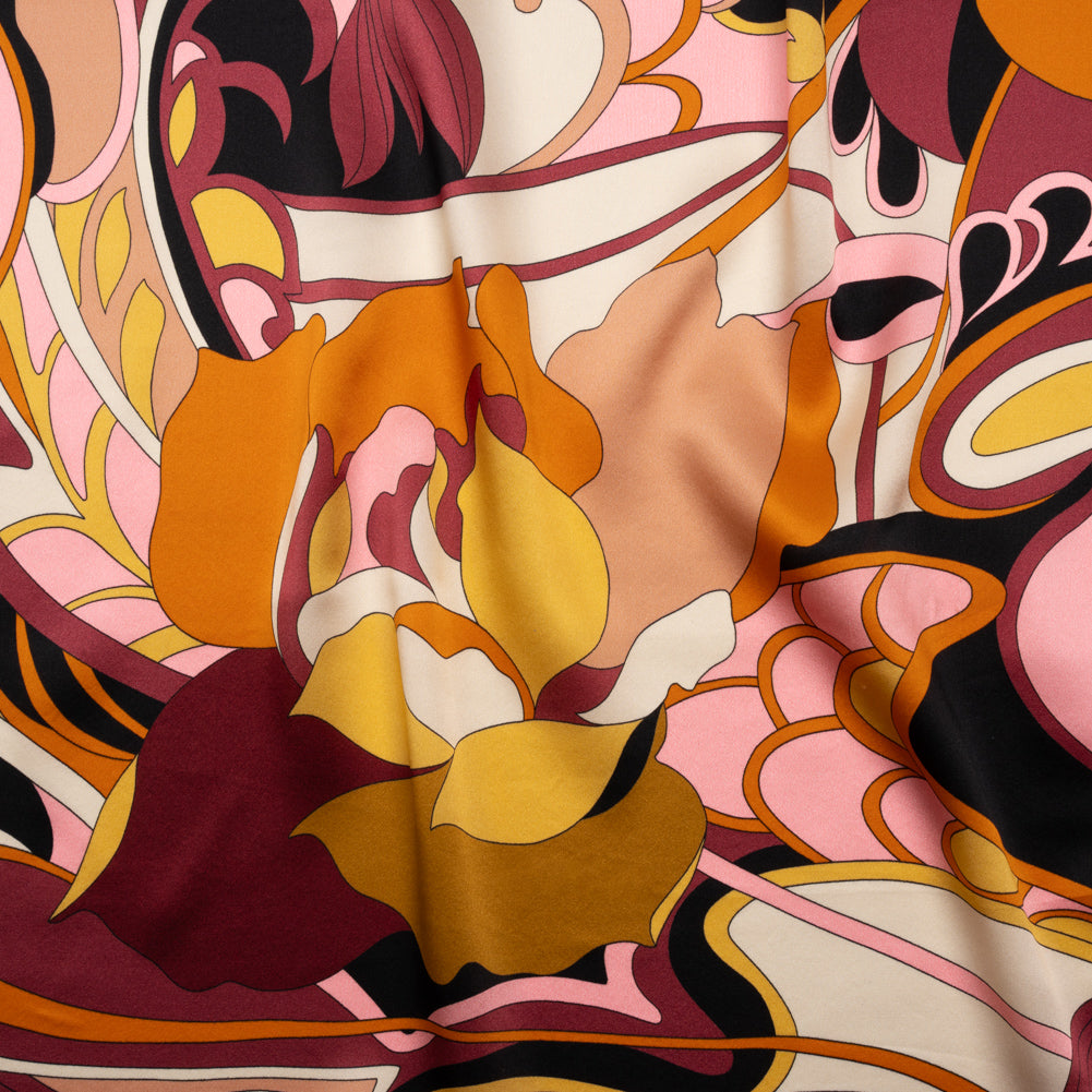 Silk Charmeuse Print - Russet Brown, Orange and Peach Retro Floral Swirl - Made in Italy